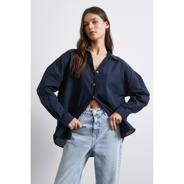 Cepli Oversize Keten  Gömlek Lacivert