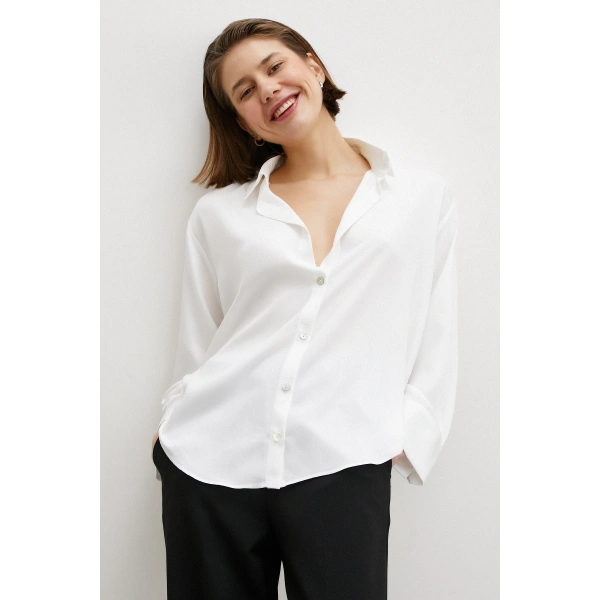 Viskon Saten Gömlek Beyaz