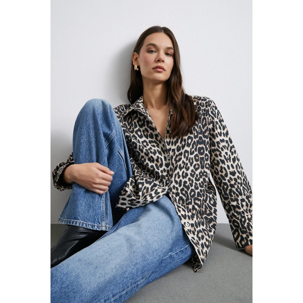 Leopar Desenli Saten Gömlek Bej