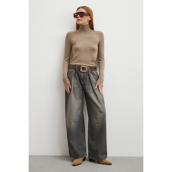 Yüksek Bel Pileli Geniş Paça Jean Füme