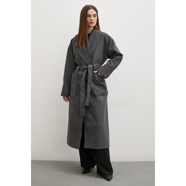 Kuşaklı Şal Yaka Kaban Antirasit