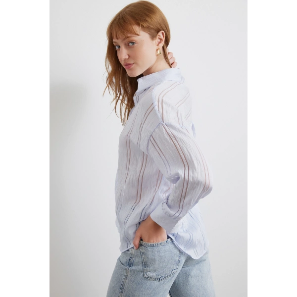 Organze Çizgili Gömlek Mavi