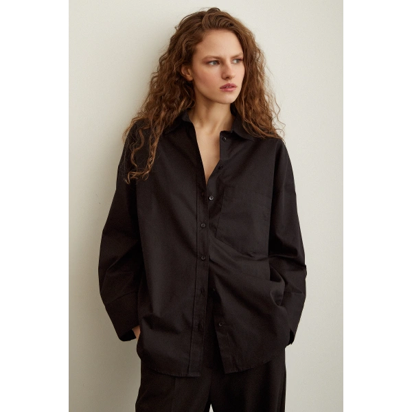 Pamuklu Poplin Gömlek Siyah