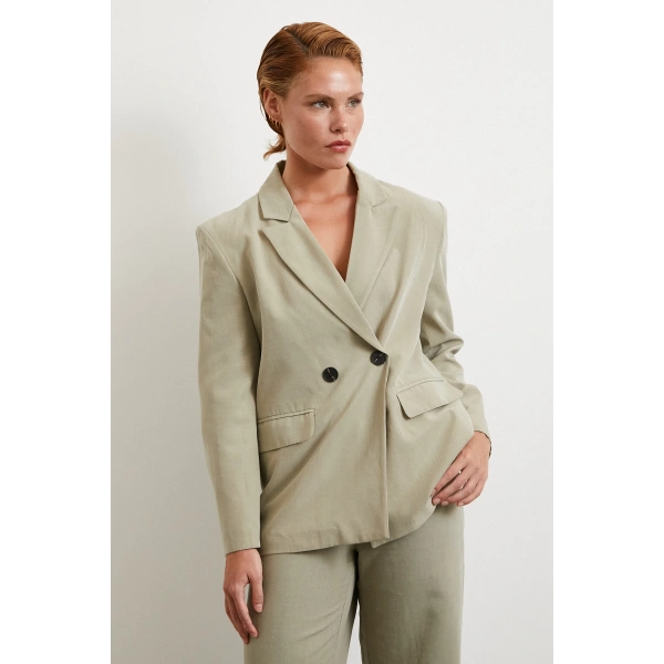 Çift Düğmeli Keten Blazer Ceket Gri
