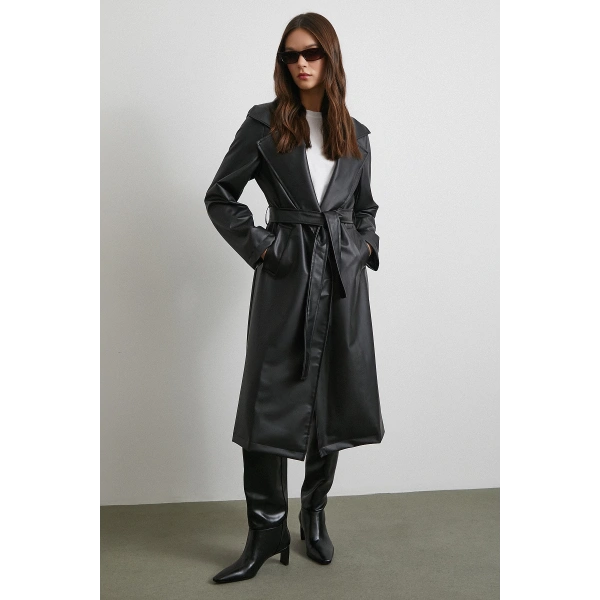 Kuşaklı Deri Pardesü Siyah