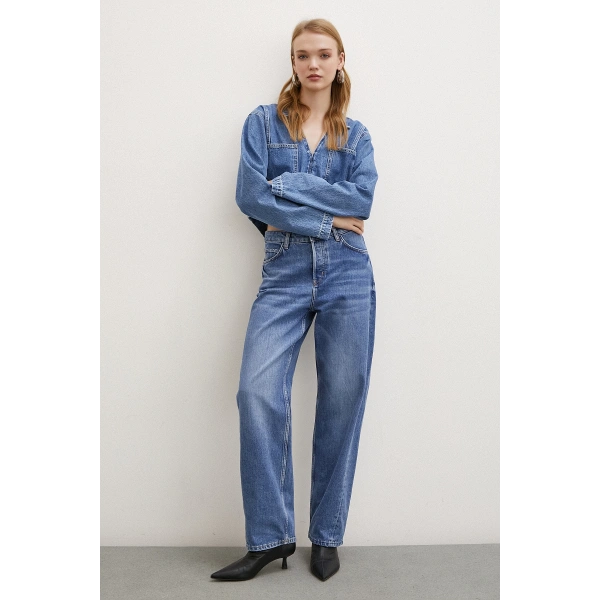 Yüksek Bel Düğme Kapamalı Mom Jean Mavi