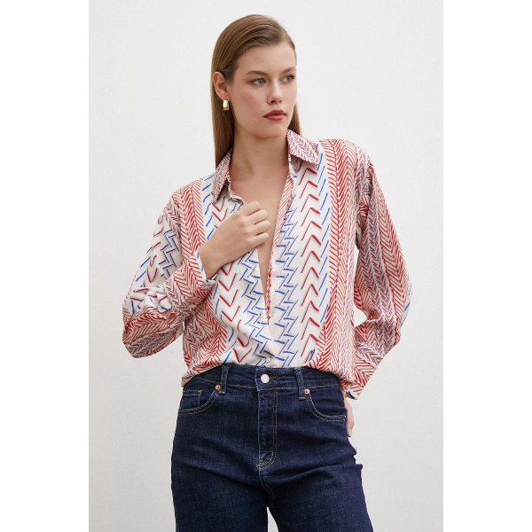 Etnik Çizim Desenli Gömlek Kırmızı