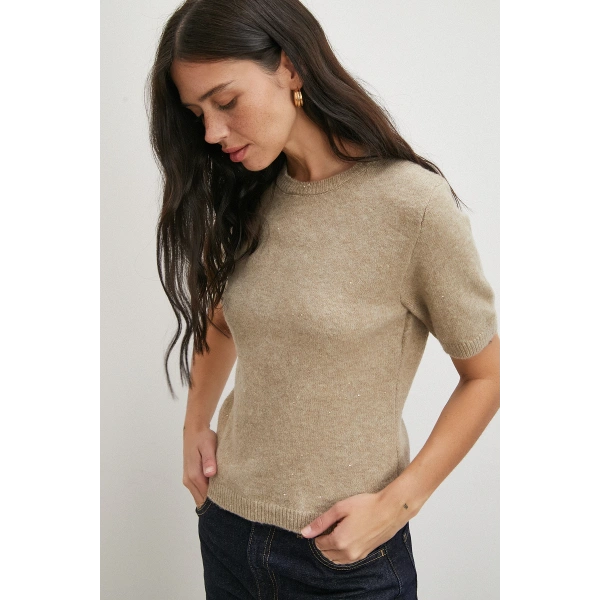 Simli Kısa Kol Kazak Vizon