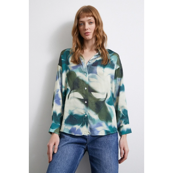 Batik Desen Saten Gömlek Petrol