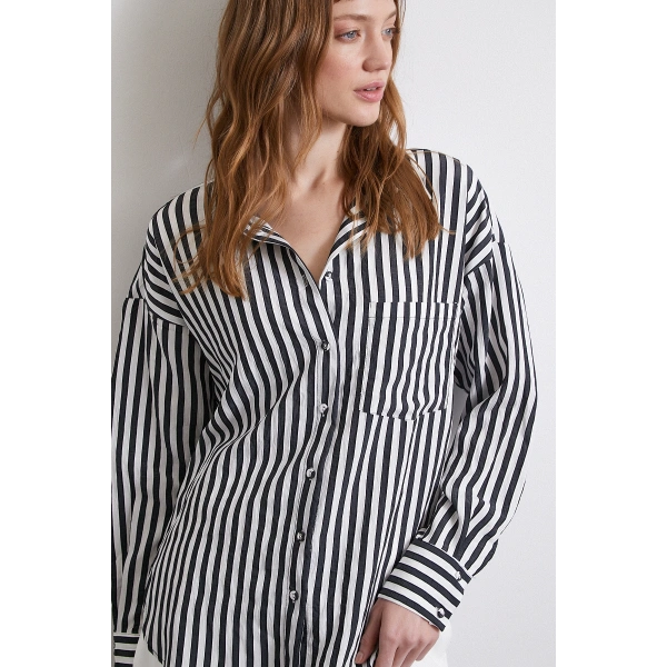 Multi Çizgili Cepli Gömlek Siyah