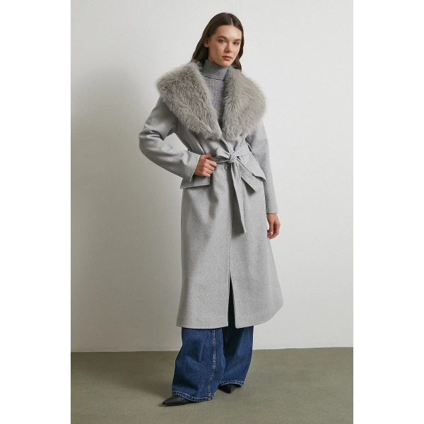 Kürk Yaka Kuşaklı Kaşe Kaban Gri