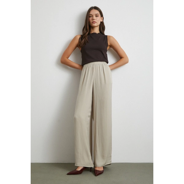 Beli Lastikli Dökümlü Geniş Paça Pantolon Taş