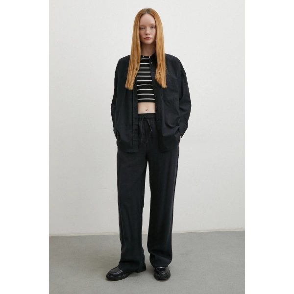 Keten Karışımlı Oversize Gömlek Siyah