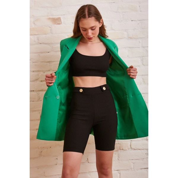 Düğme Detaylı Çelik Şort Siyah