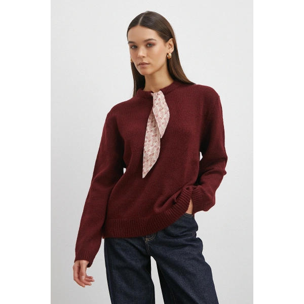 Fularlı Uzun Kollu Kazak Kahve