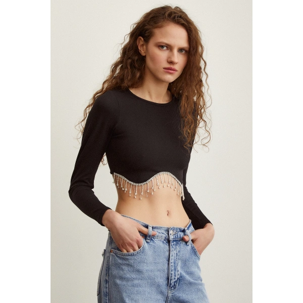 Parlak Taşlı Crop Siyah