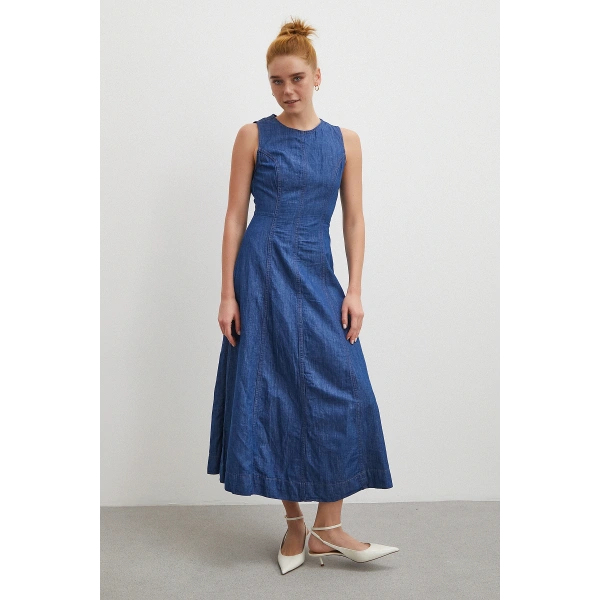 Bisiklet Yaka Kolsuz Premium Uzun Kot Elbise Lacivert