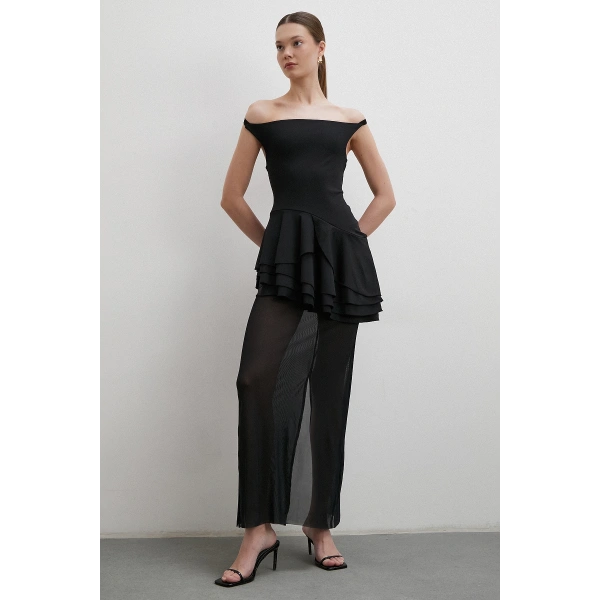 Boyun Askılı Fırfırlı Tül Elbise Siyah