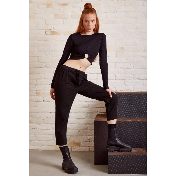 Beli İpli Salaş Gabardin Pantolon Siyah