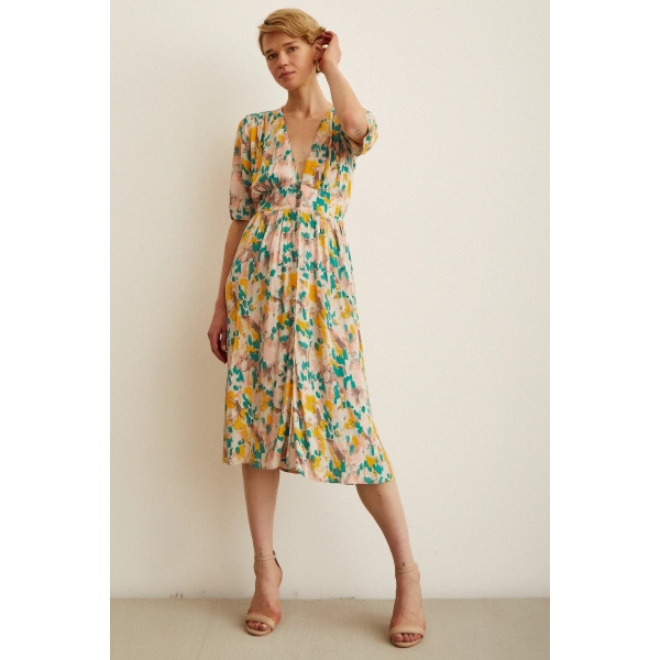 Çiçek Desen V Yaka Elbise Sarı