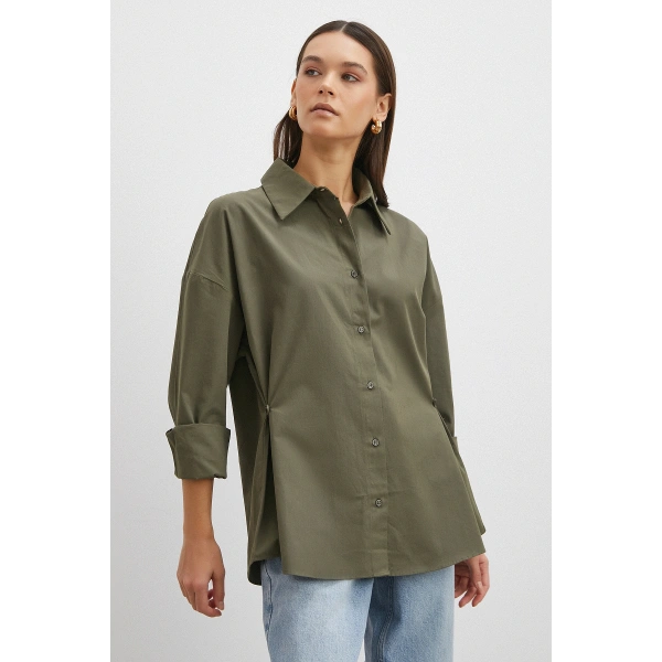 Düğme Detaylı Pamuklu Gömlek Haki