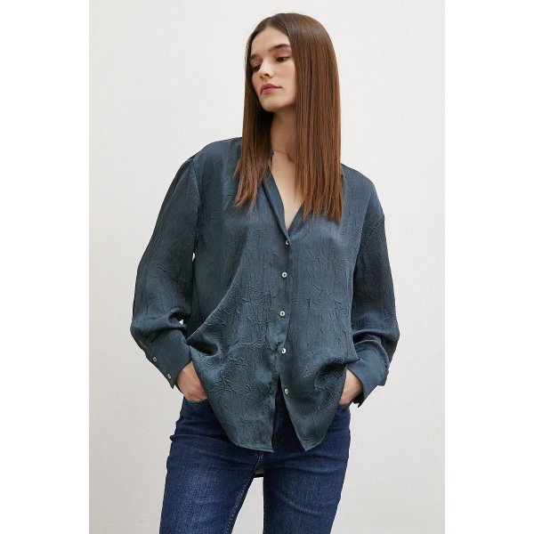 Kraşlı Saten Gömlek Petrol