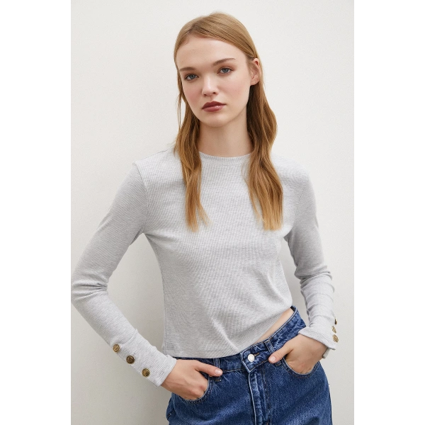 Kollu Düğmeli Bluz Gri