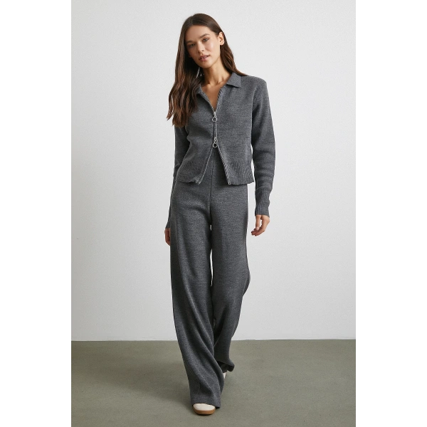 Çift Fermuarlı Hırka Takım Gri