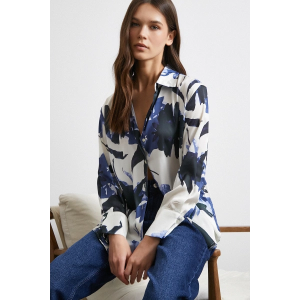 Saten Yüzeyli Desenli Gömlek Lacivert