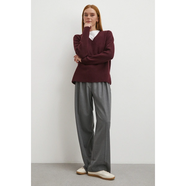 Yüksek Bel Pileli Palazzo Pantolon Gri