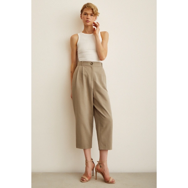 Önü Çift Pileli Pantolon Haki