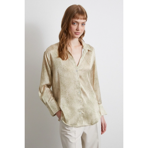 V Yaka Desenli Saten Gömlek Yeşil