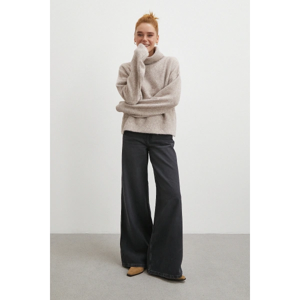 Yüksek Bel Geniş Paça Jean Siyah