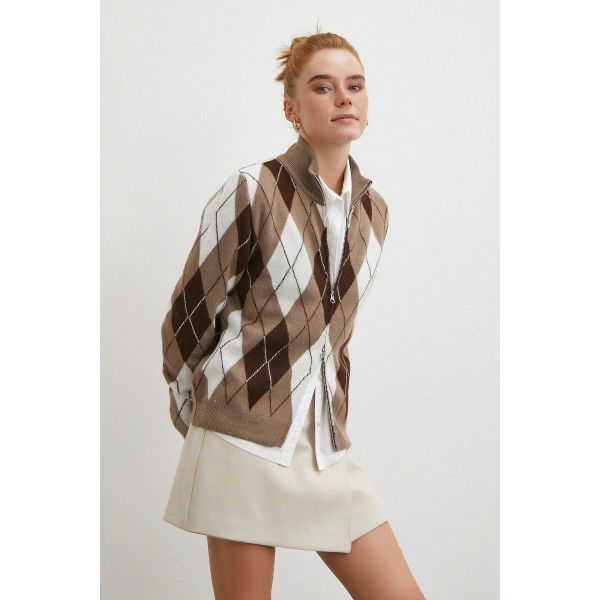 Fermuarlı Baklava Desen Kazak Kahve