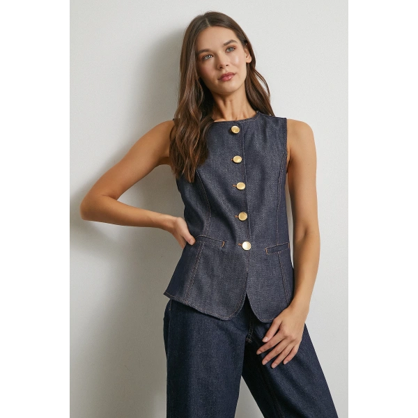 Bisiklet Yaka Metal Düğmeli Denim Yelek Lacivert