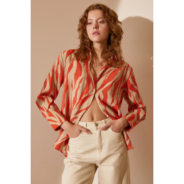 Zebra Desen Modal Gömlek Zebra Desen Turuncu