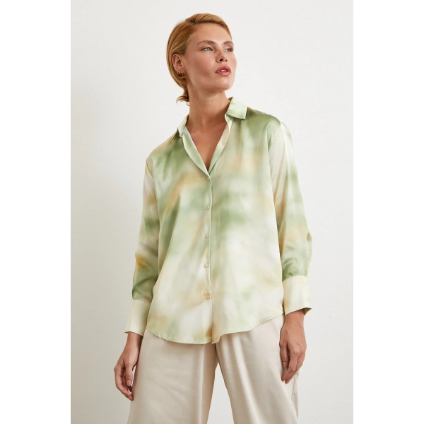 Ebruli Desen Saten GömleK Yeşil