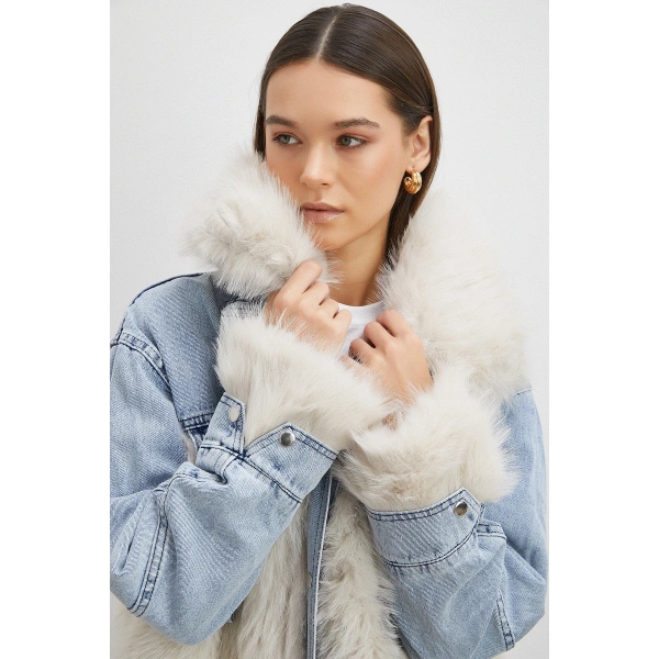Kot Garnili Kürklü Mont Mavi