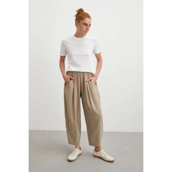 Bağcıklı Beli Lastikli Pileli Pantolon Taş