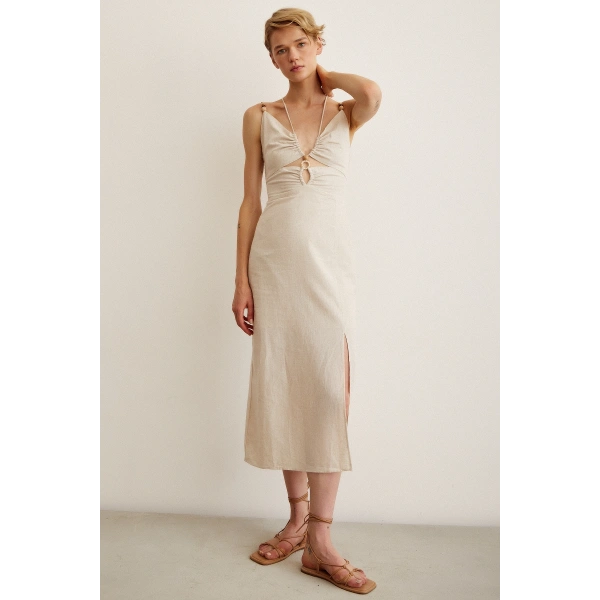 Boncuk Detaylı Askılı Elbise Krem
