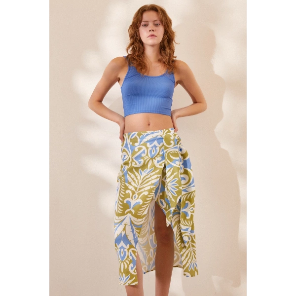 Yırtmaçlı Desen Etek Mavi