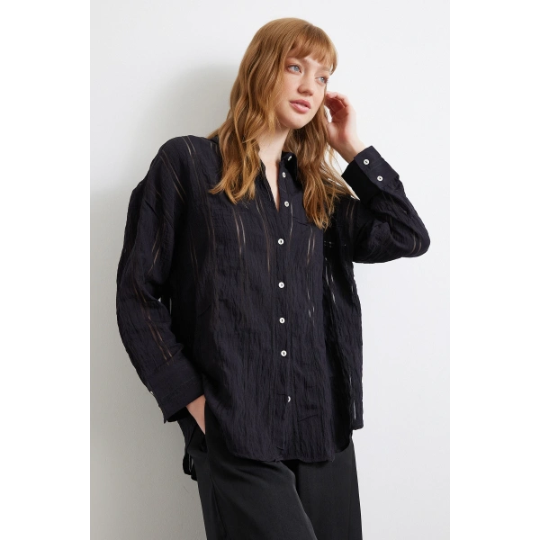 Organze Çizgili Gömlek Siyah