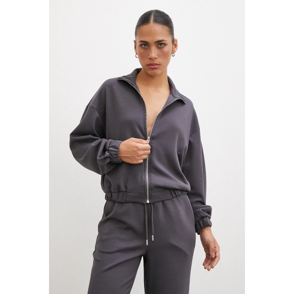 Fermuarlı Sweatshirt Füme