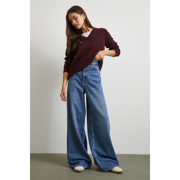 Yüksek Bel Geniş Paça Beş Cepli Jean Mavi