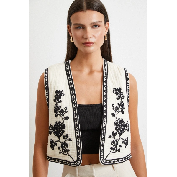 Nakış Oversize Yelek Krem