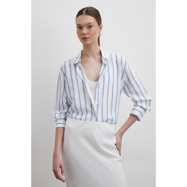 V Yaka Çizgili Modal Gömlek Mavi