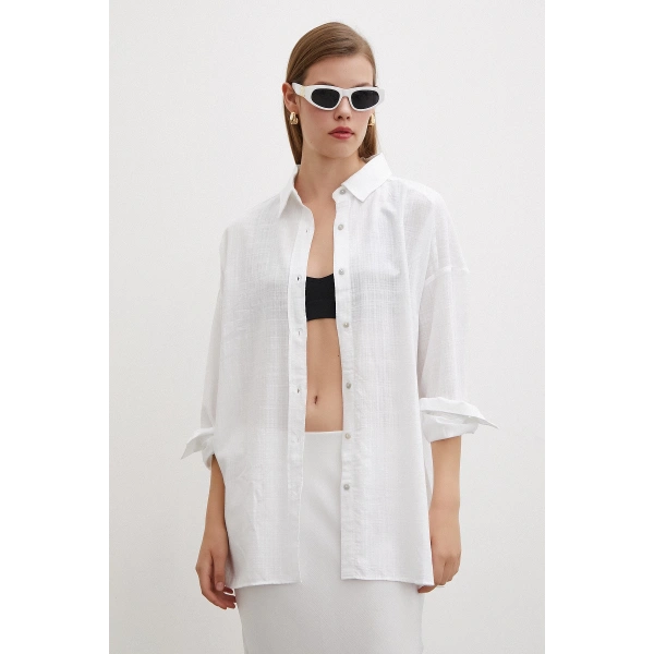 Oversize Keten Gömlek Beyaz