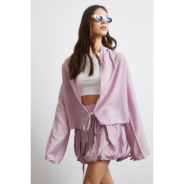 Geniş Kol Önden Bağlamalı Bluz Lila