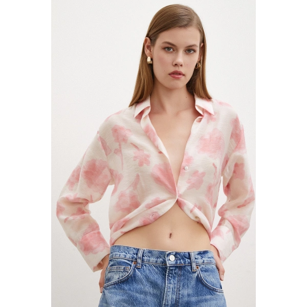 Organze Desenli Tül Gömlek Pembe