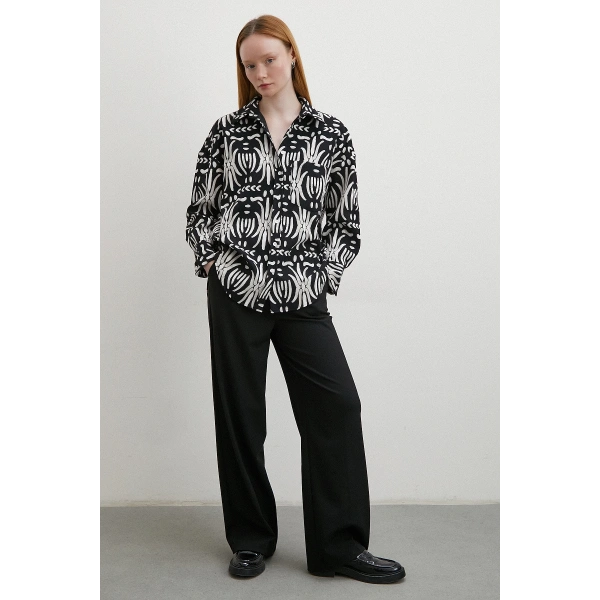 Krep Kontrast Desenli Gömlek Siyah